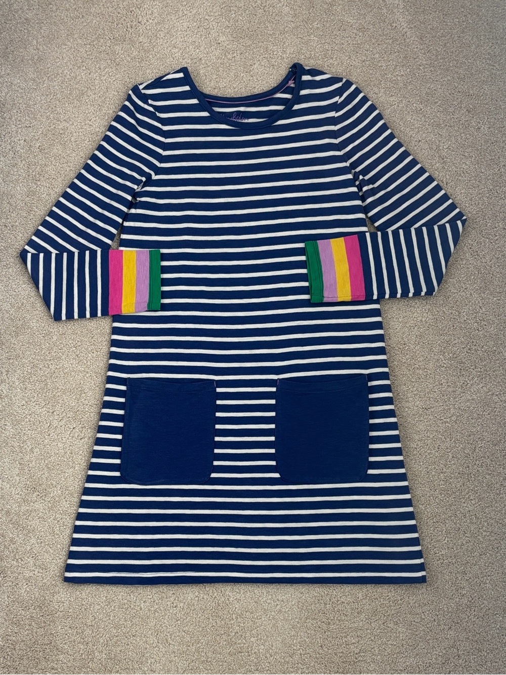Mini Boden Little Girls Long Sleeve Striped Jersey Dress In Navy Blue sz 11-12